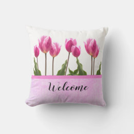Welcome Spring Pink Tulip  Outdoor Pillow