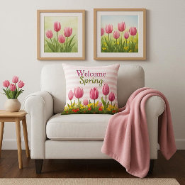 Welcome Spring Pink Tulip Seasonal Throw Pillow