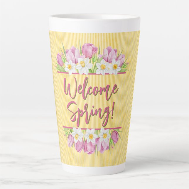 Welcome Spring Tulip and Daffodil Latte Mug (Front)