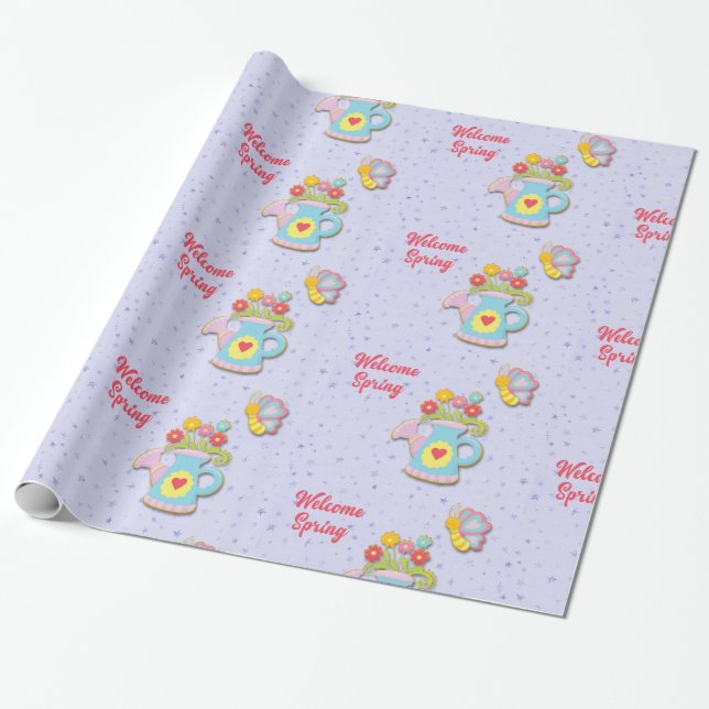 Welcome Spring Watering Can Wrapping Paper (Unrolled)