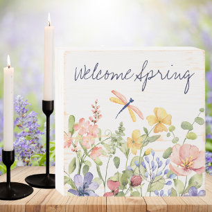 Welcome Spring with Wildflowers and Dragonfly Wooden Box Sign