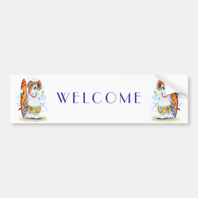 Welcome Stickers with Funny Summer Snowman Surfer (Front)