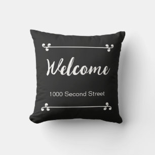 Welcome Street Address Decorative Black Outdoor Pillow