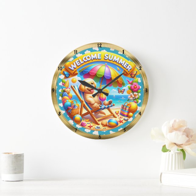 Welcome Summer Dog Beach Fun Large Clock (Home)