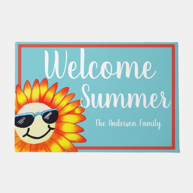 Welcome Summer Sunflower in Sunglasses Family Name Doormat (Front)