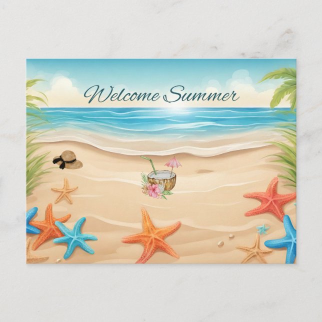 Welcome Summer Tropical Beach, Starfish  Postcard (Front)