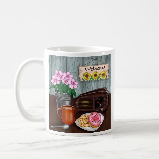 Welcome, Sunflowers, Doughnuts and Coffee Coffee Mug (Left)