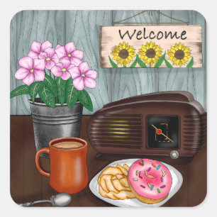 Welcome, Sunflowers, Doughnuts and Coffee Square Sticker