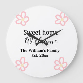 Welcome sweet home add family name year Est. Text Large Clock