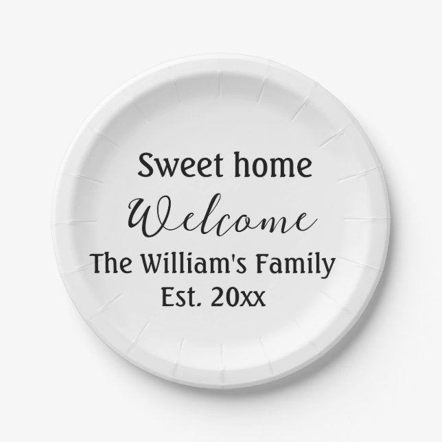 Welcome sweet home add family name year Est. Text  Paper Plate (Front)
