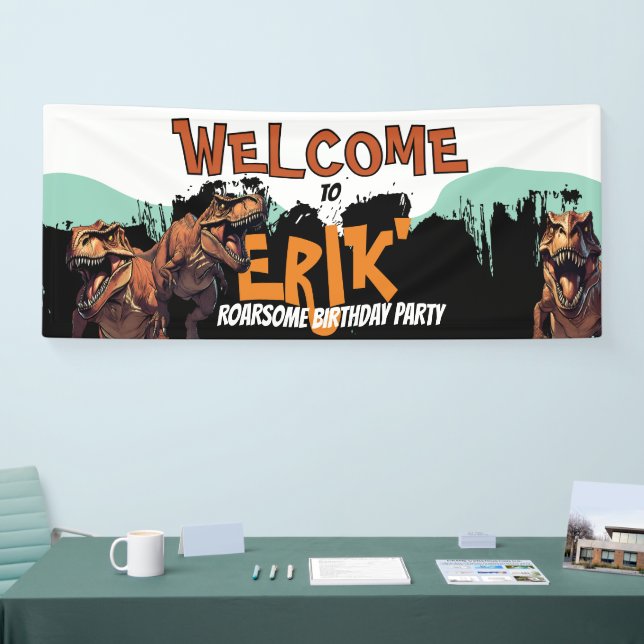 Welcome T-Rex Banner – Roaring Dino Party Sign (Tradeshow)