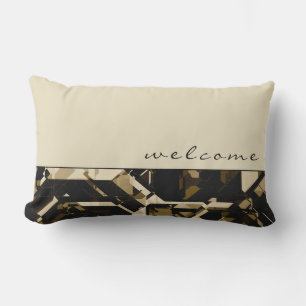 Welcome   Tan Black & Beige Color Block Pattern Lumbar Pillow