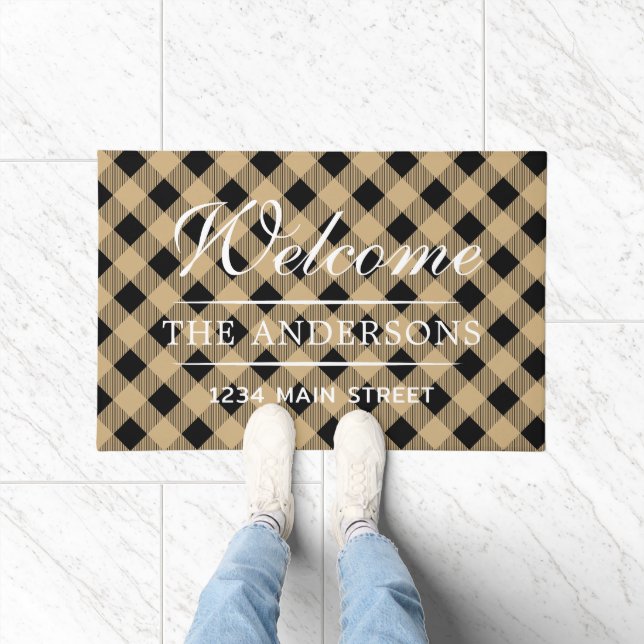 Welcome Tan Plaid Pattern Personalized Family Doormat (Indoor)