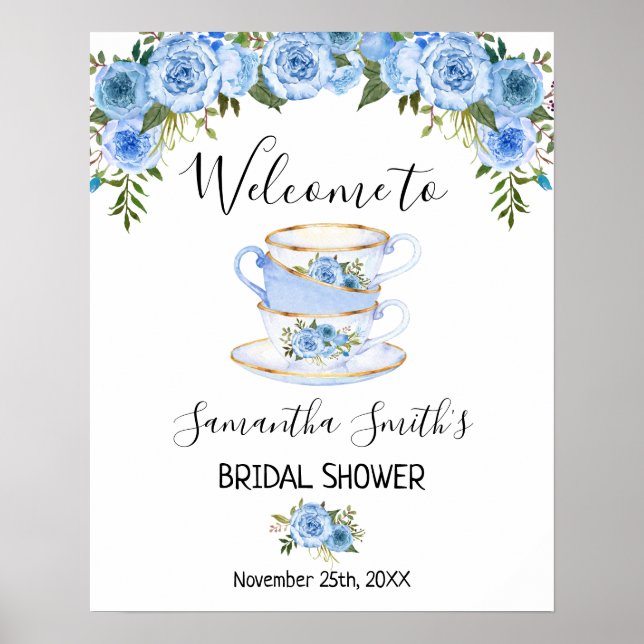 Welcome Tea Bridal Shower Blue Floral sign (Front)