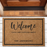 Welcome Terms And Conditions Apply Funny Doormat<br><div class="desc">The "Welcome (terms and conditions apply)" doormat adds a humourous spin to the standard greeting, perfectly suited for those who appreciate a bit of wit right at their doorstep. This customizable doormat allows you to make it truly personal by adding your own family name or a funny clause. It's a...</div>