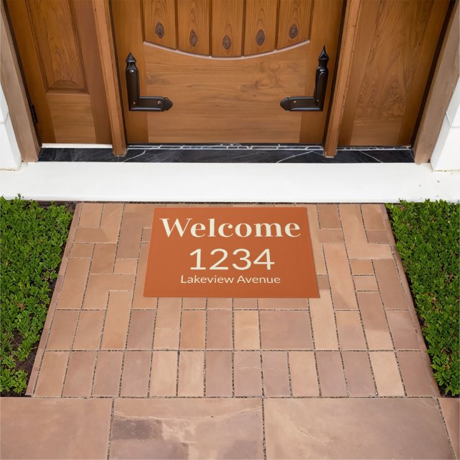 Welcome Terra Cotta and Beige House Number Address Doormat (Outdoor)