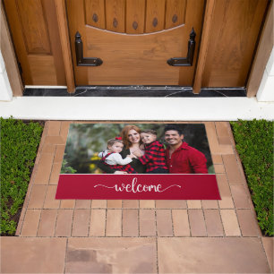Welcome Text with Family Photo, Red Doormat