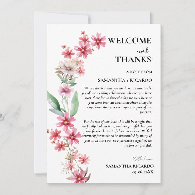 Welcome & thanks floral wedding guest table Card (Front)