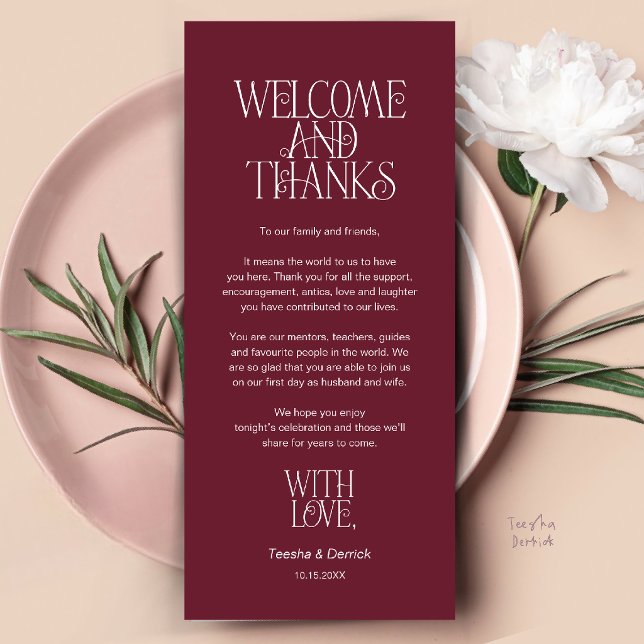 Welcome & Thanks, Place Setting Thank You Card (Welcome & Thanks, Place Setting Thank You Card in Wine Red Burgundy)