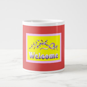 Welcome themed colours silver red yellow with word large coffee mug