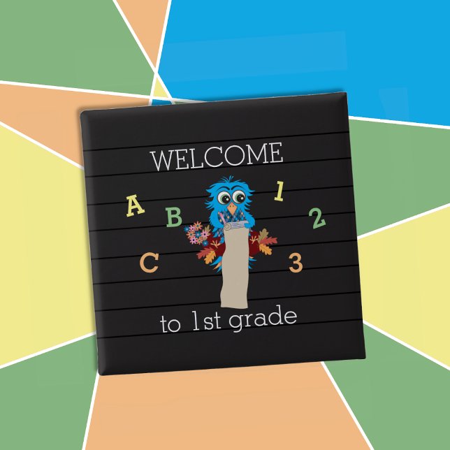 Welcome to 1st grade blue owl pin button (Welcome back-to-school blue owl button with grade level . )