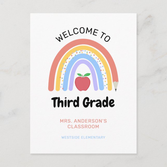 Welcome to 3rd Grade Pastel Coloured Rainbow Postcard (Front)