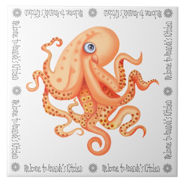 Welcome to Amanda’s Kitchen cute orange octopus Tile (Front)