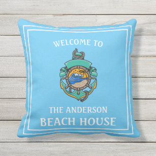 Welcome To Any Name Beach House Sky Blue Colour Outdoor Pillow