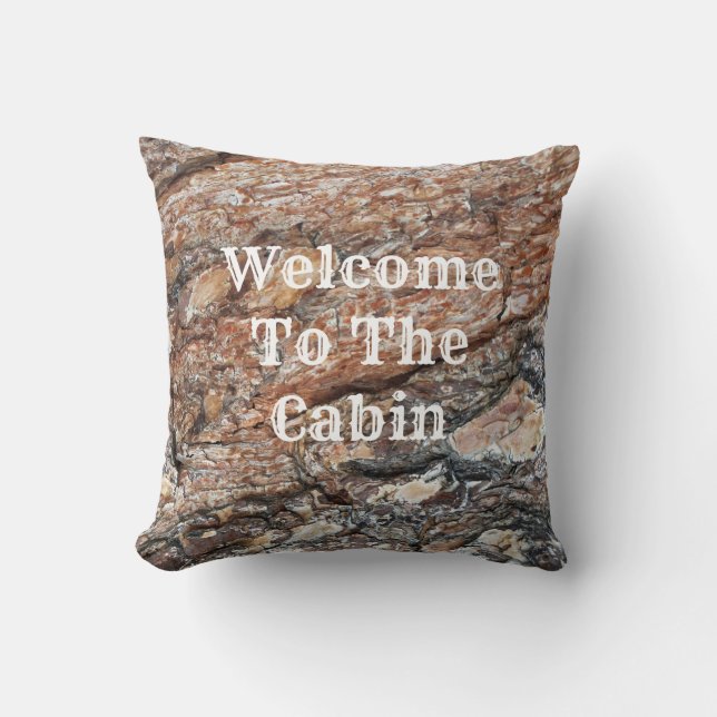 Welcome to Cabin Tree Bark Photo Rustic Nature Throw Pillow (Front)