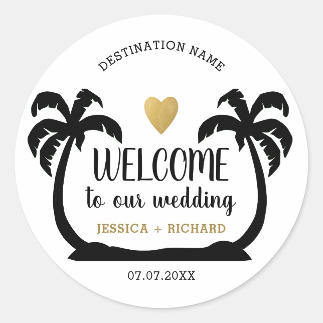Welcome To Destination Wedding Tropical Palm Classic Round Sticker (Front)
