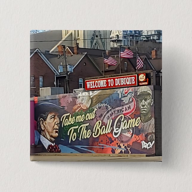 Welcome to Dubuque, Iowa Sign with American Flags 2 Inch Square Button (Front)