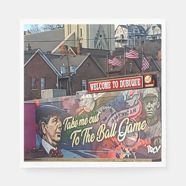 Welcome to Dubuque, Iowa Sign with American Flags Napkin (Front)