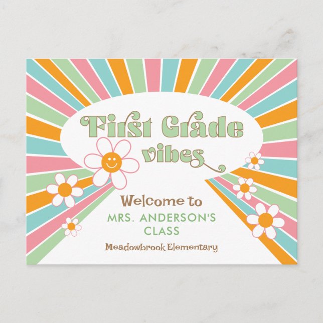 Welcome to First Grade 70s Retro Teacher's Postcard (Front)