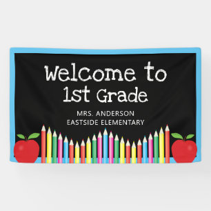Welcome To First Grade Apple Coloured Pencils Banner
