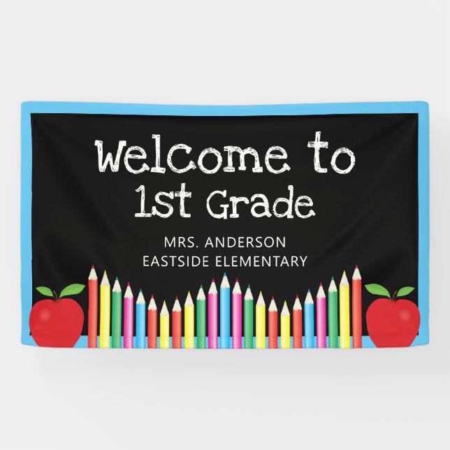 Welcome To First Grade Apple Coloured Pencils Banner (Horizontal)