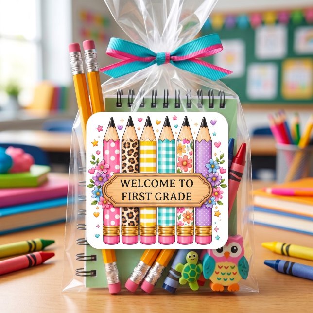 Welcome to First Grade Cartoon Pencil Square Sticker (Creator Uploaded)
