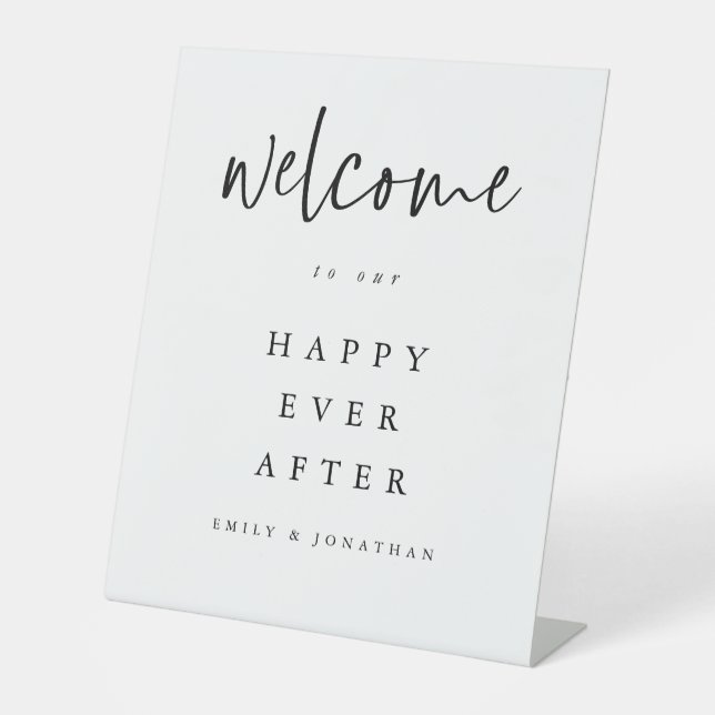 Welcome to Happy Ever After Wedding Black White Pedestal Sign (Front)