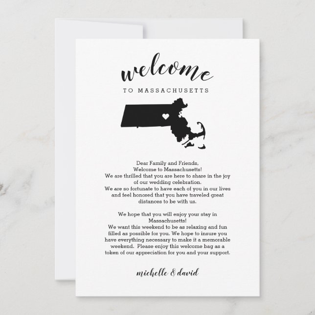 Welcome to Massachusetts Wedding Letter  Itinerary (Front)