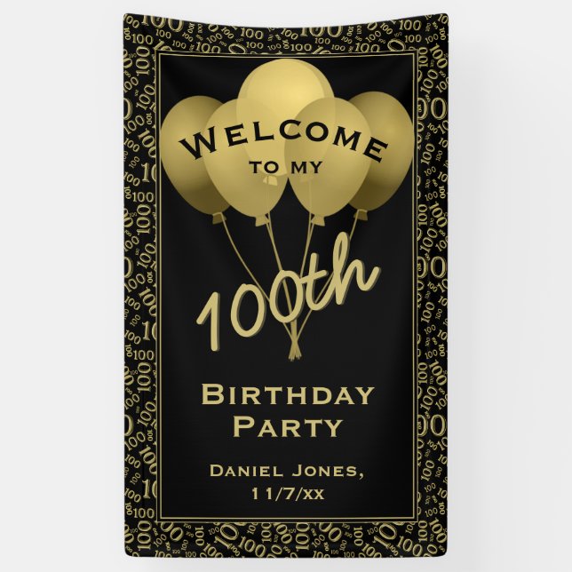 Welcome to my 100th Birthday Party - Gold/Black Banner (Vertical)