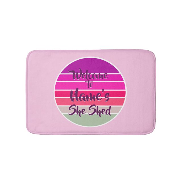 Welcome to Name's She Shed 20xx Retro Sunset Bath Mat (Front)