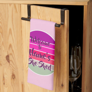 Welcome to Name's She Shed 20xx Retro Sunset Kitchen Towel