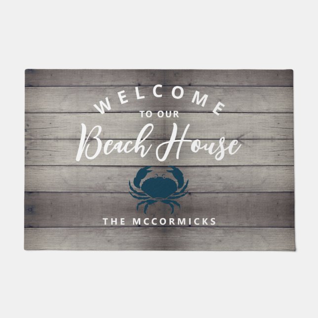 Welcome To Our Beach House Blue Family Monogram Doormat (Front)