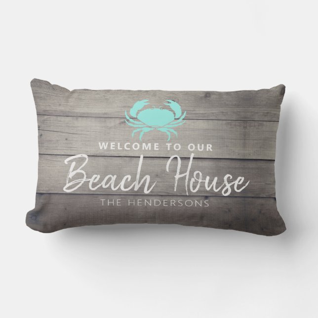 Welcome To Our Beach House Nautical Name Outdoor Lumbar Pillow (Front)