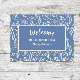 Welcome to our Beach House Navy-Blue Hand-Drawn Doormat