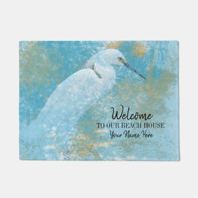 Welcome To Our Beach House Snowy Egret Custom Doormat (Front)
