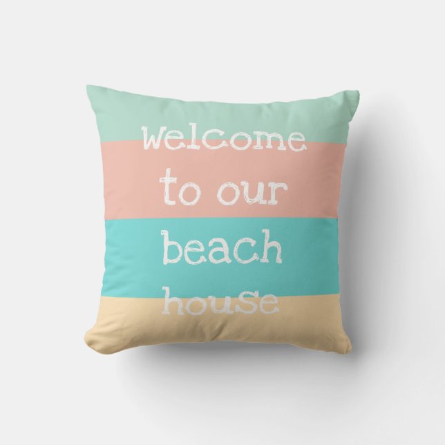 Welcome to Our Beach House Striped Throw Pillow (Front)