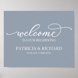 Welcome To Our Beginning Chic Dusty Blue Sign