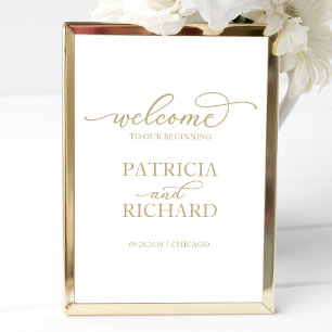 Welcome To Our Beginning   Chic Gold Script Sign