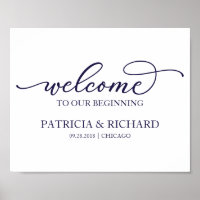 Welcome To Our Beginning Chic Navy Blue Sign