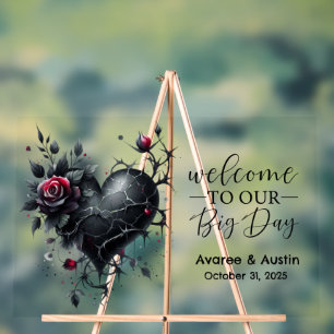 Welcome To Our Big Day Gothic Black Rose and Heart Acrylic Sign